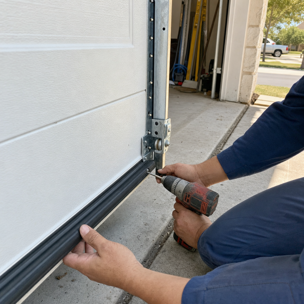 Technician installing a rubber bottom seal on a garage door.