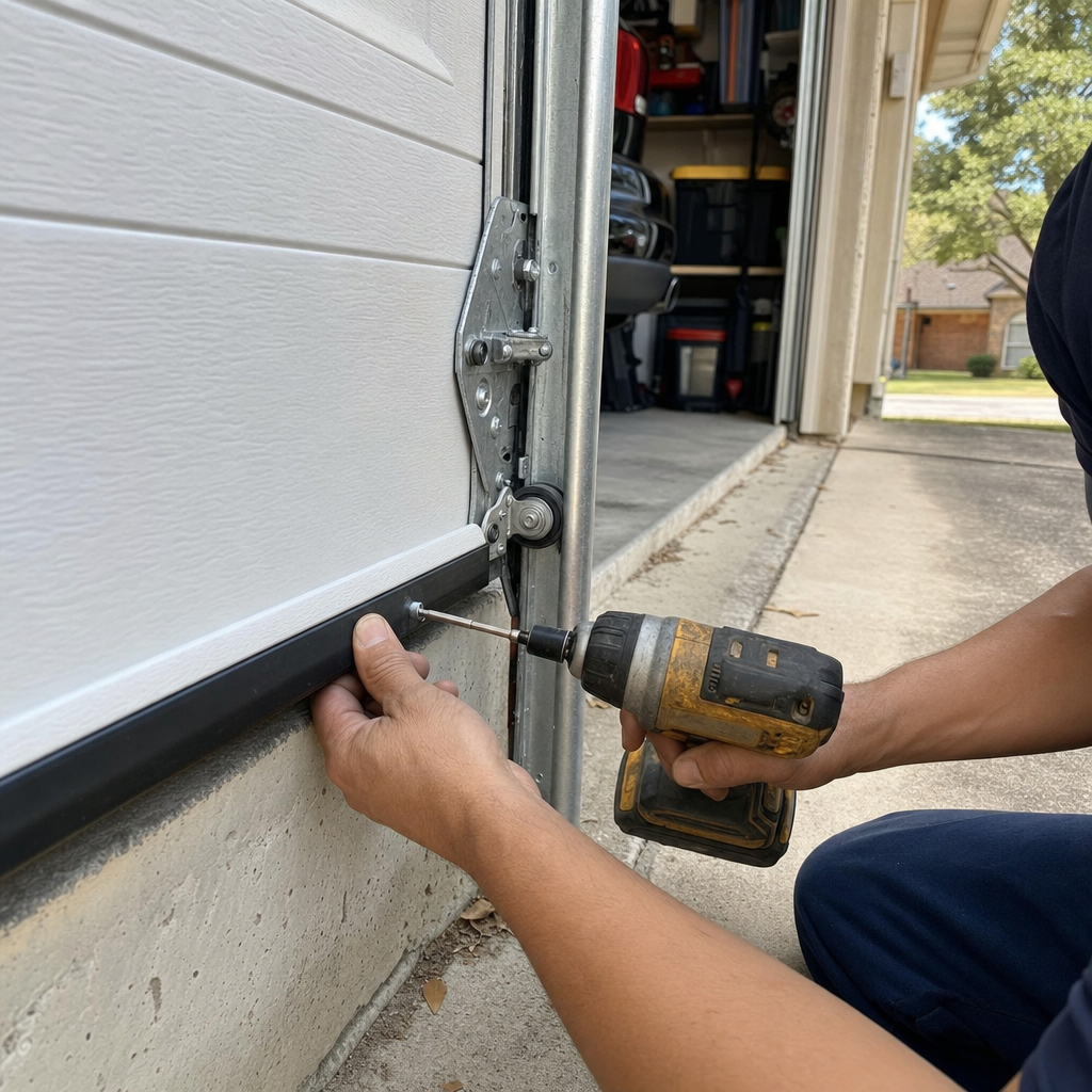 Technician using a power drill to install garage door bottom seal