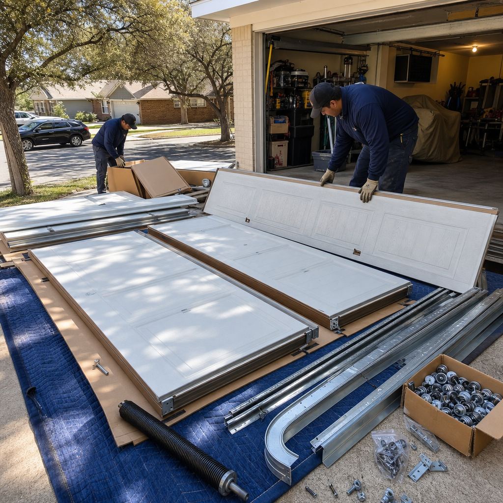 Professional technicians installing a new white residential garage door system