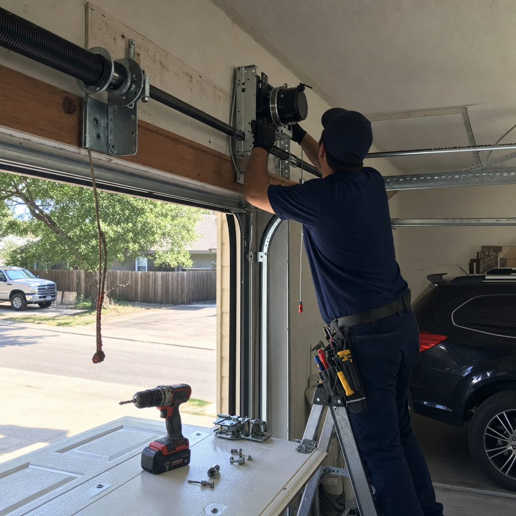 Technician installing a modern garage door opener motor on a ladder