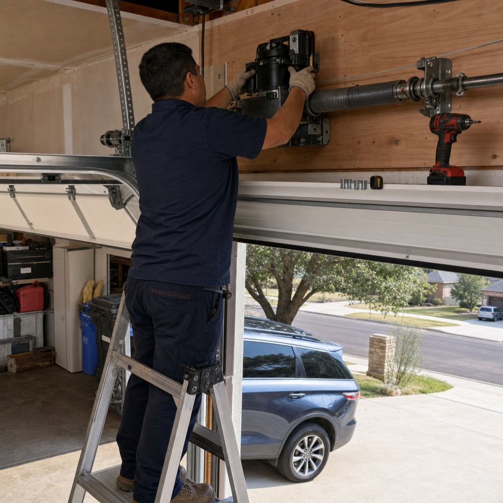 Technician performing professional garage door opener repair or installation