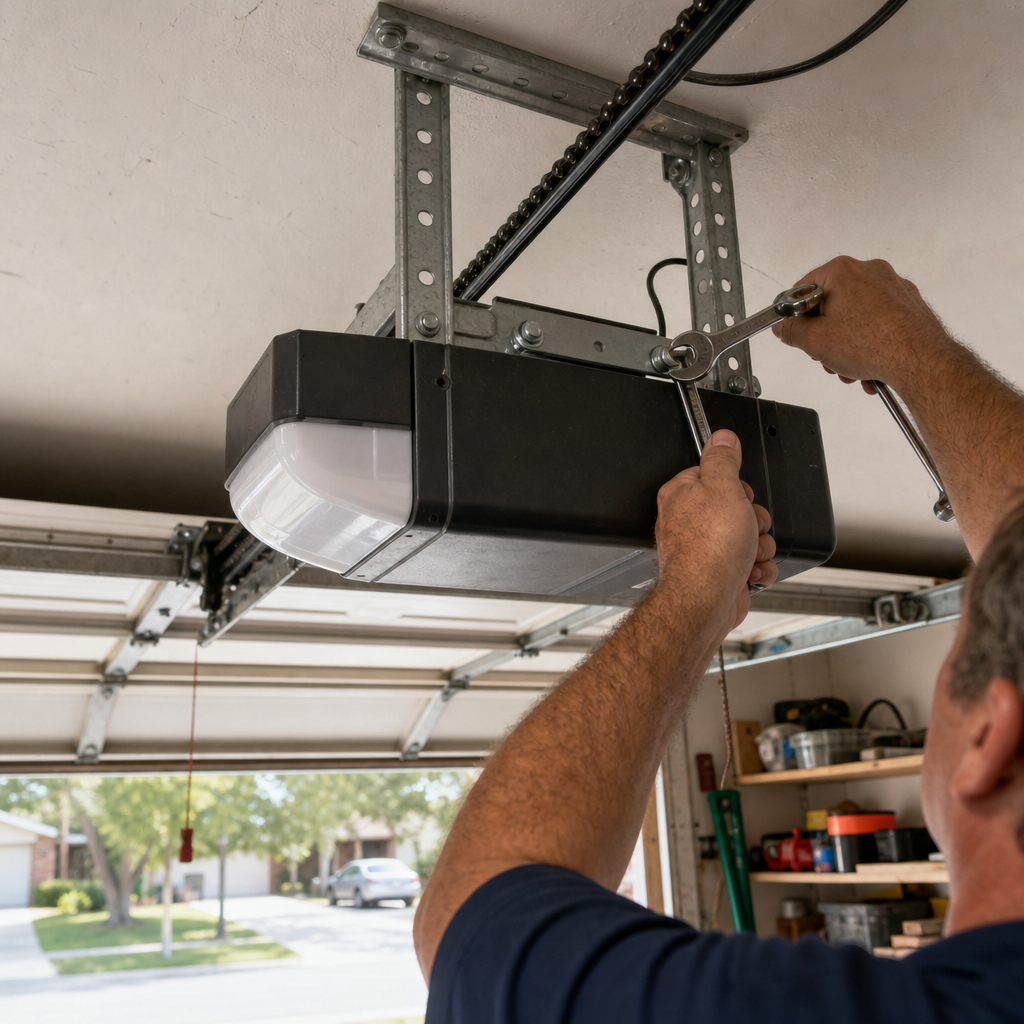 Technician using a wrench to repair a garage door opener motor