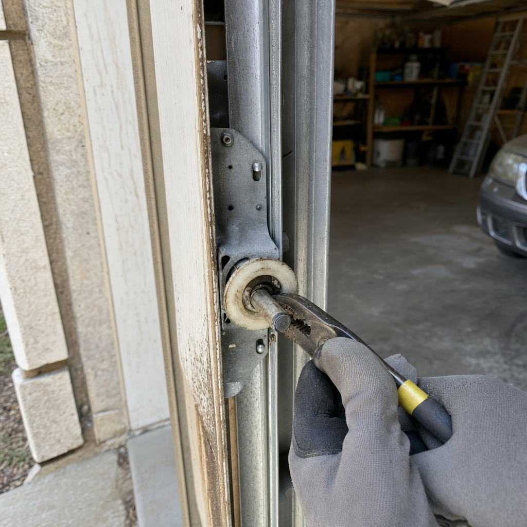 Technician using pliers to repair a garage door roller