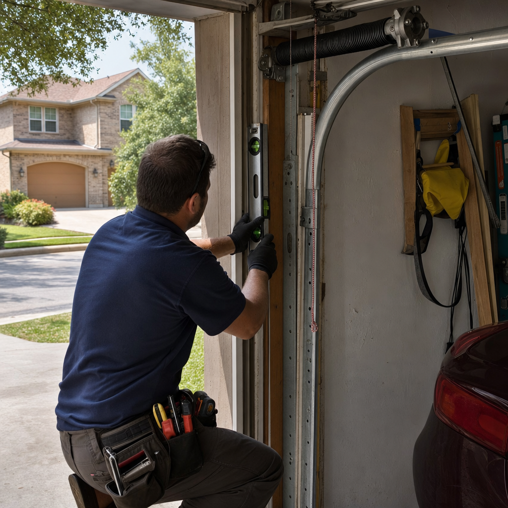 Technician using a level to repair a residential garage door track