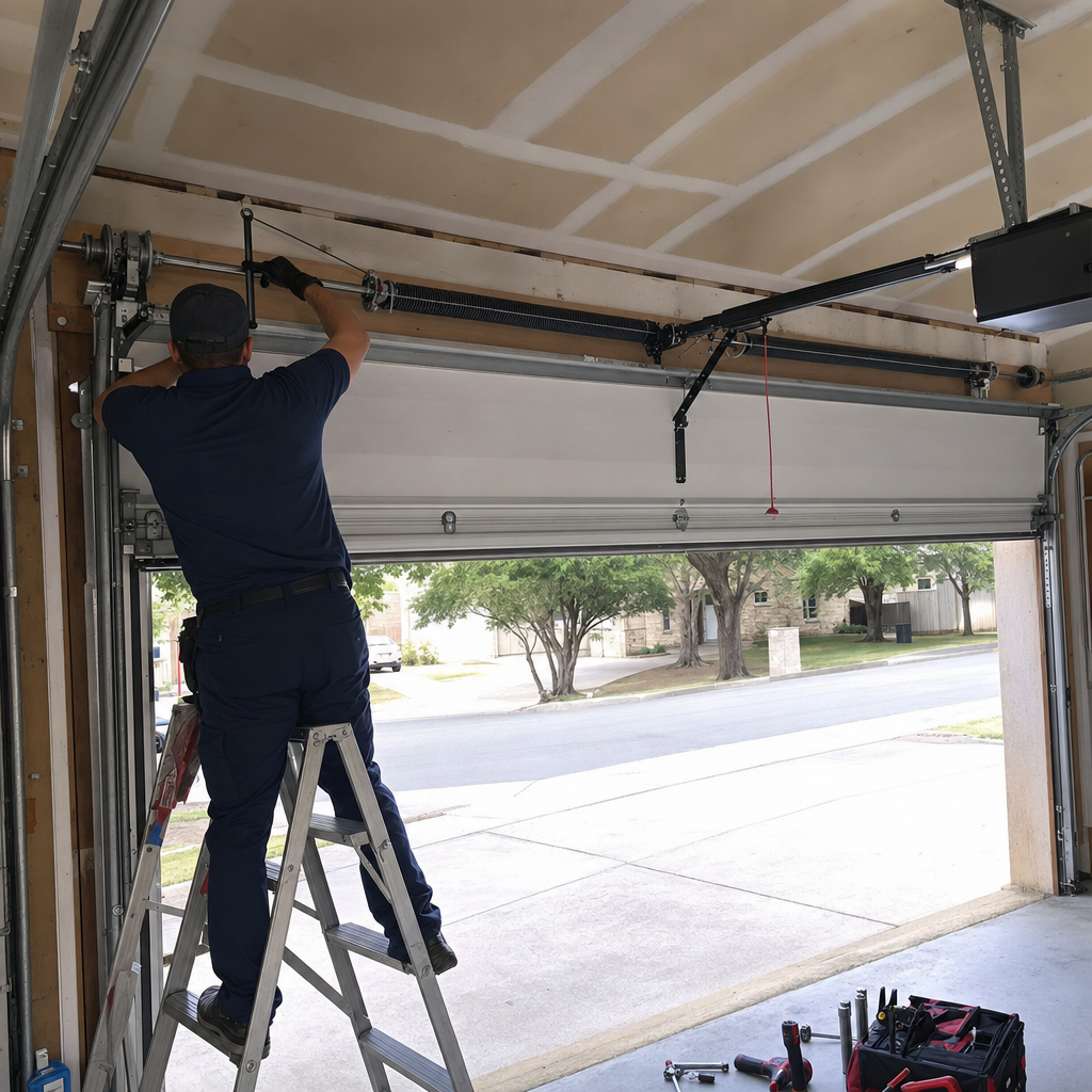 Technician performing professional garage door torsion spring repair