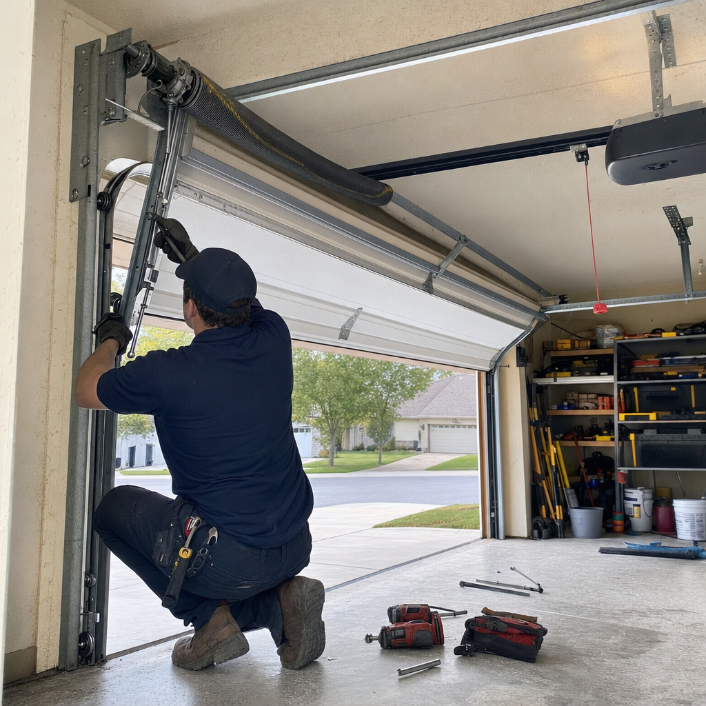 Technician performing emergency garage door repair services in Austin, TX
