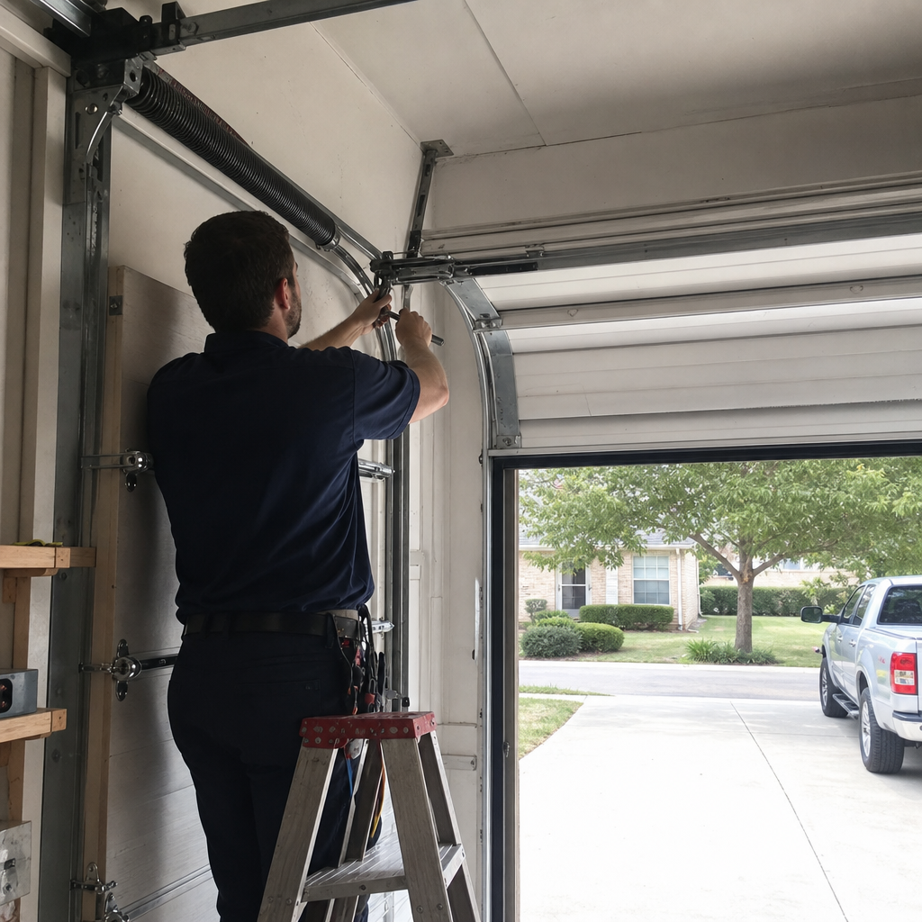 Technician performing emergency garage door repair services in Austin, TX