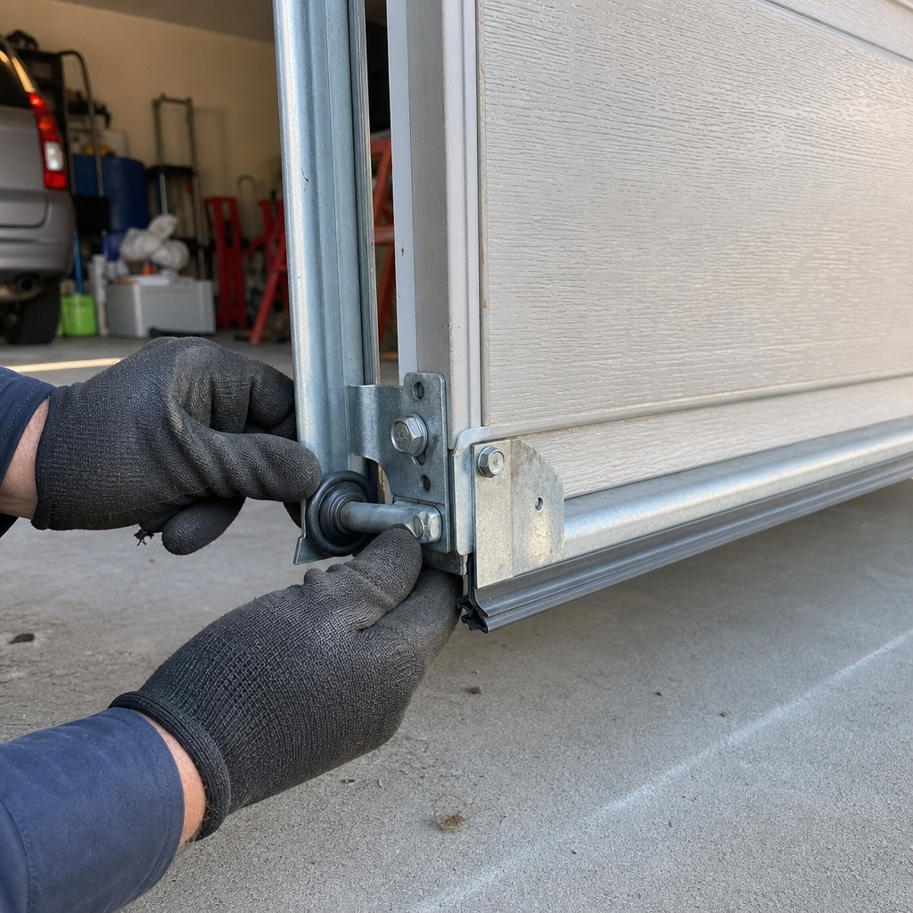 Technician performing emergency garage door roller repair and maintenance in Elgin, TX