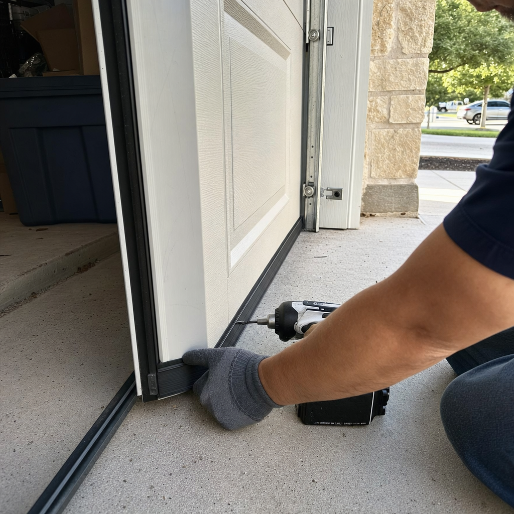 Technician installing rubber weather seal on a garage door with power drill