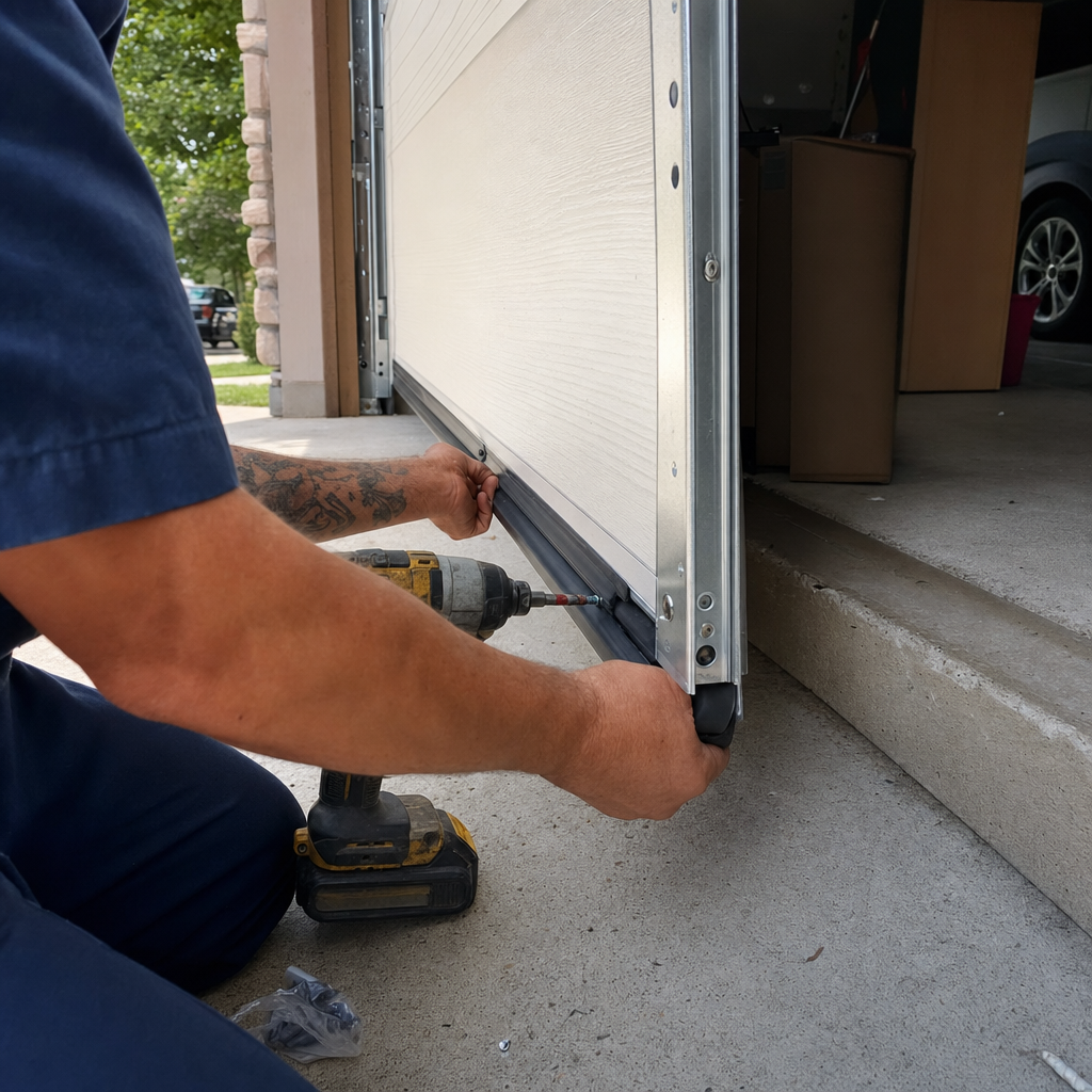 Technician installing a bottom weather seal on a garage door