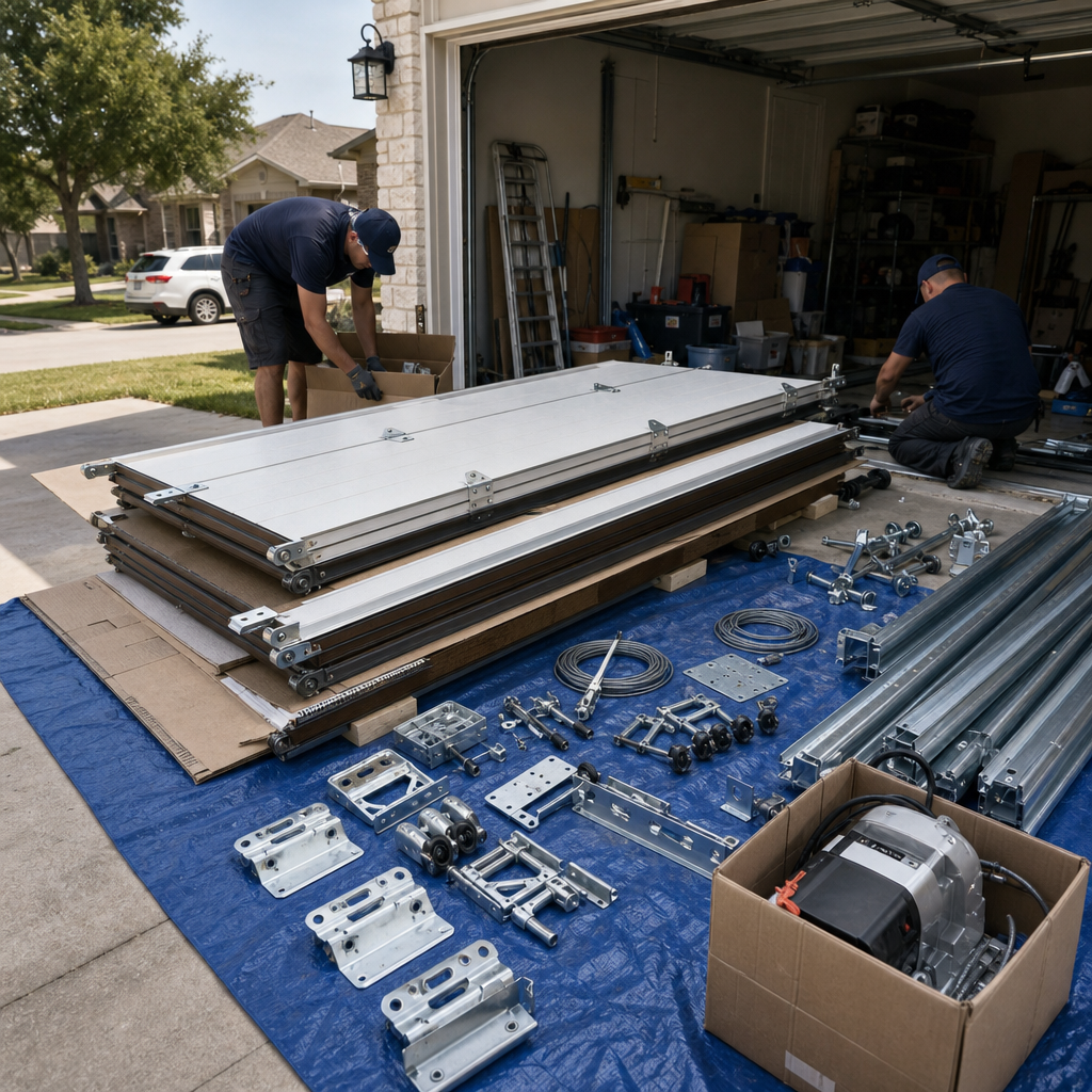 Two professional technicians installing a new garage door on a residential driveway
