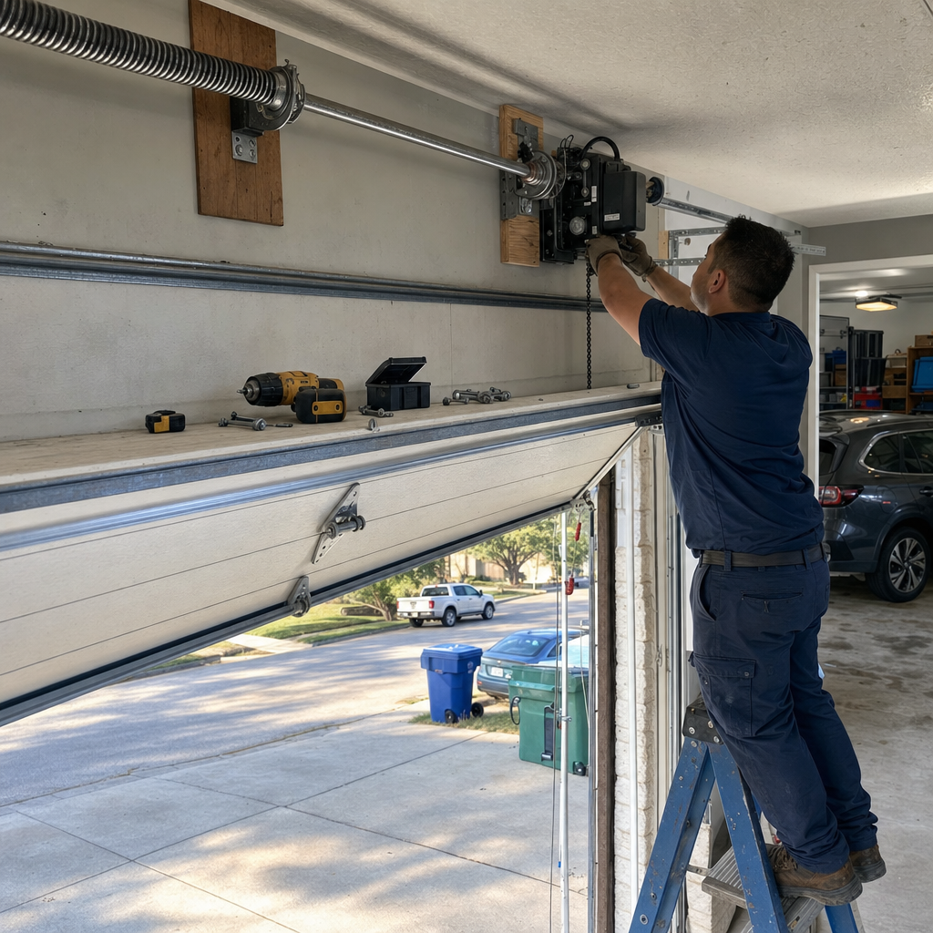 Technician installing a garage door opener on a ladder
