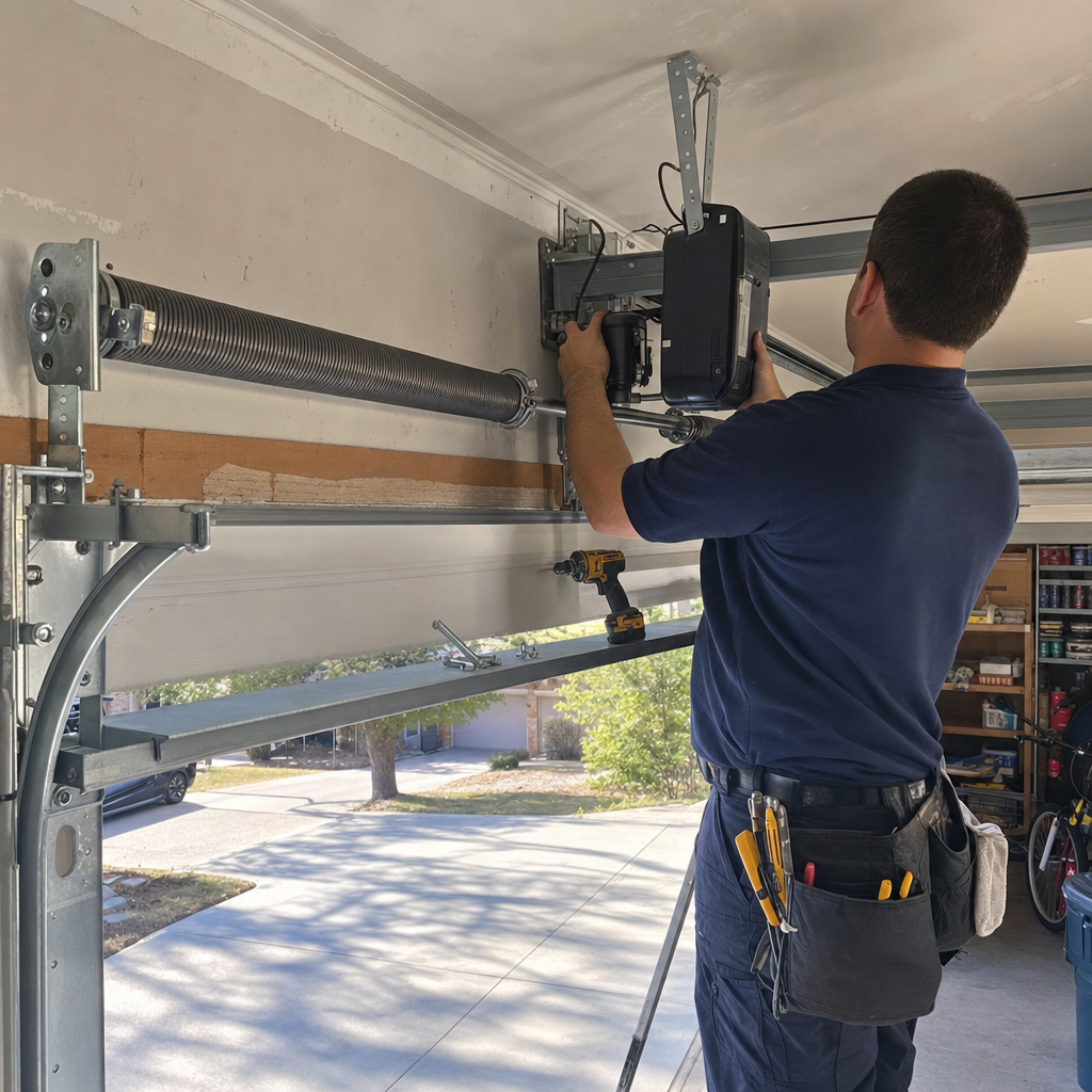 Technician installing a residential garage door opener motor