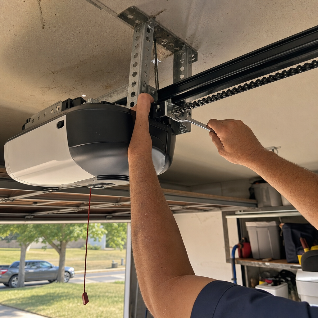 Technician repairing or adjusting a garage door opener chain drive system