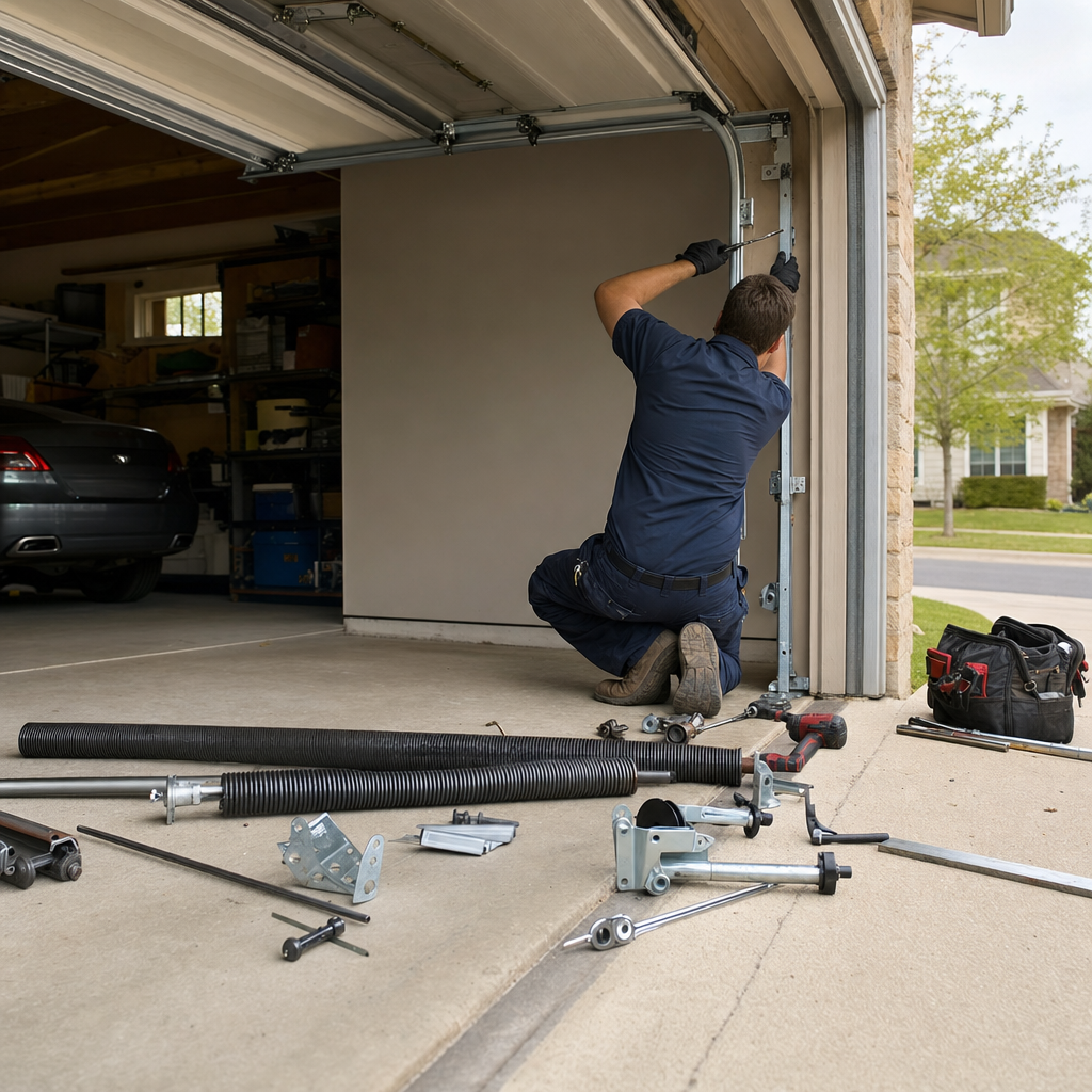 Technician performing professional garage door repair with parts on garage floor in Austin, TX