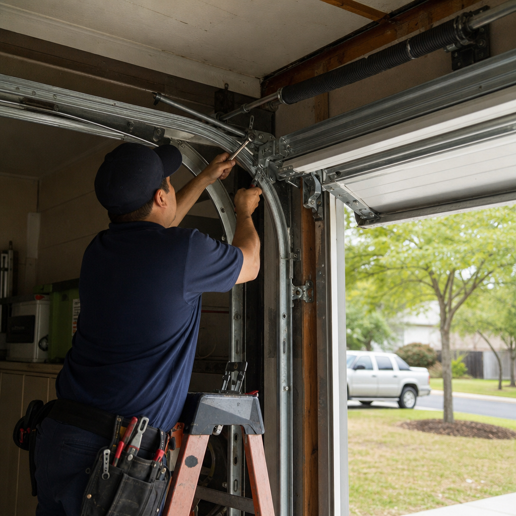 Technician performing professional garage door parts repair and maintenance in Georgetown, TX