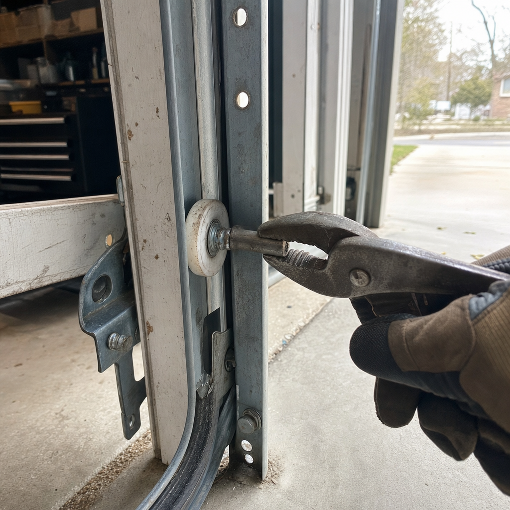 Technician using pliers to repair a garage door roller