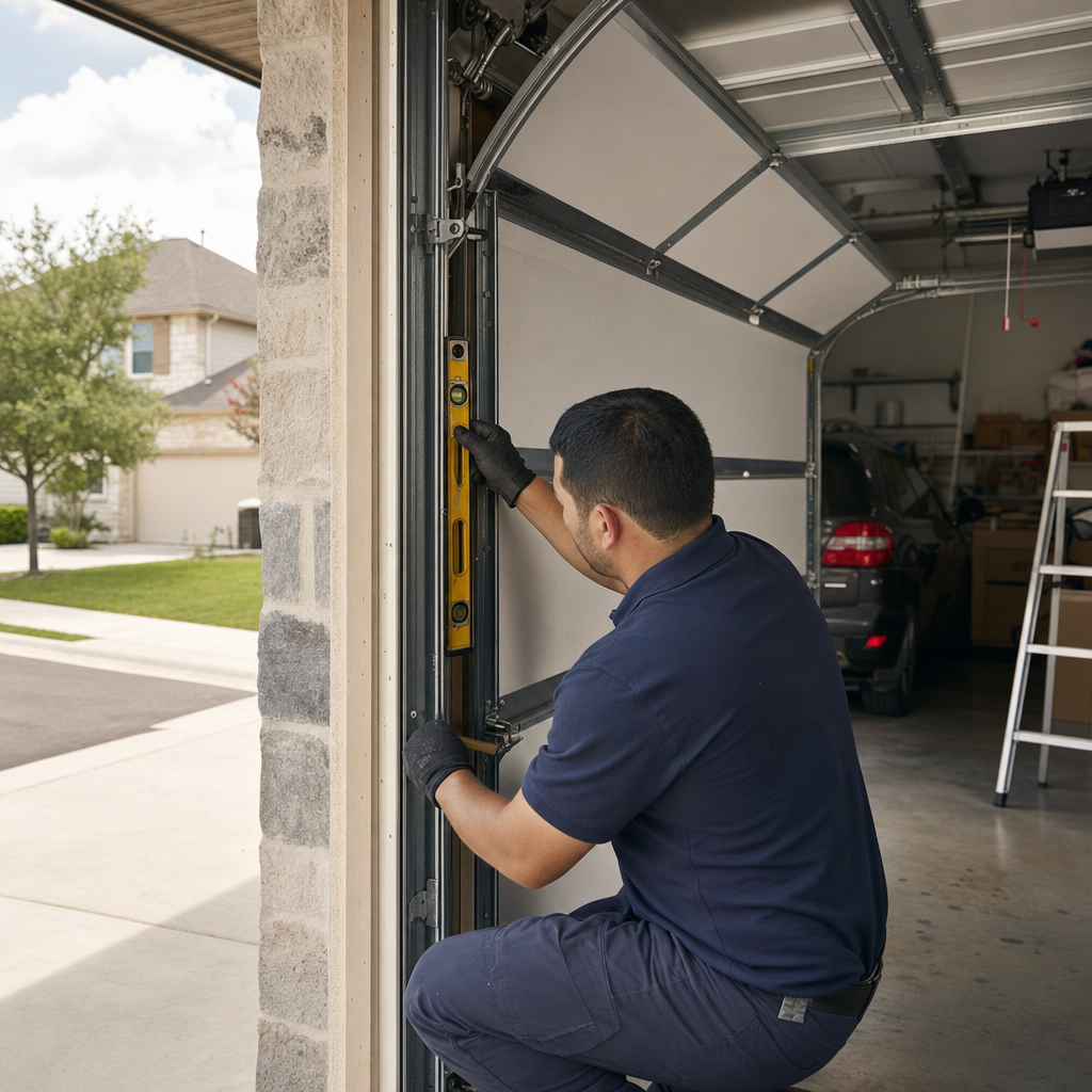 Technician checking garage door track alignment with a level