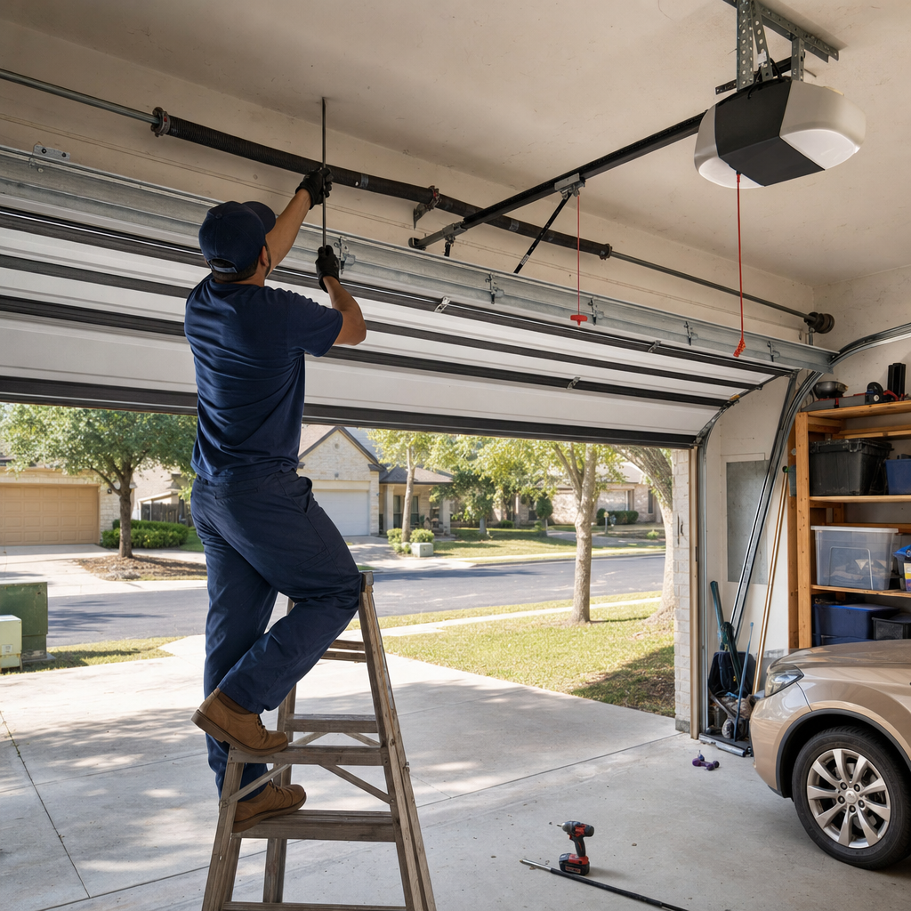 Technician performing professional garage door repair on a suburban garage door